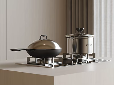 Modern Kitchen Silver Wok And Stainless Steel Pot On Light Colored Countertop Stove 3d model