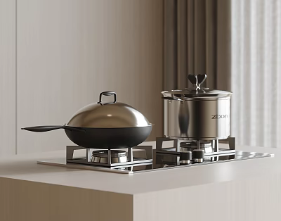 Modern Kitchen Silver Wok And Stainless Steel Pot On Light Colored Countertop Stove 3d model