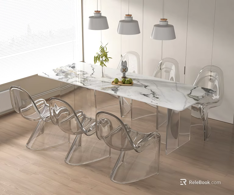 Modern Dining Table Set With Marble Top Transparent Chairs And Pendant Lights 3d model 
