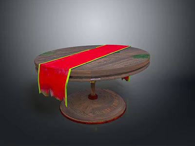 Round Wooden Dining Table with Red Table Runner and Yellow Green Trim 3d model