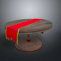 Round Wooden Dining Table with Red Table Runner and Yellow Green Trim