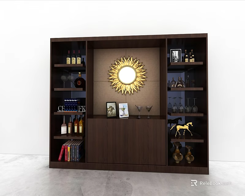 Dark Wooden Wine Cabinet With Golden Sunburst Mirror Wine Bottles Glasses And Decorative Ornaments 3d model 
