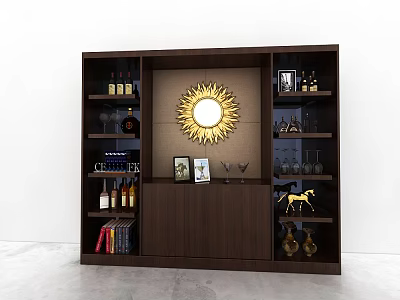 Dark Wooden Wine Cabinet With Golden Sunburst Mirror Wine Bottles Glasses And Decorative Ornaments 3d model