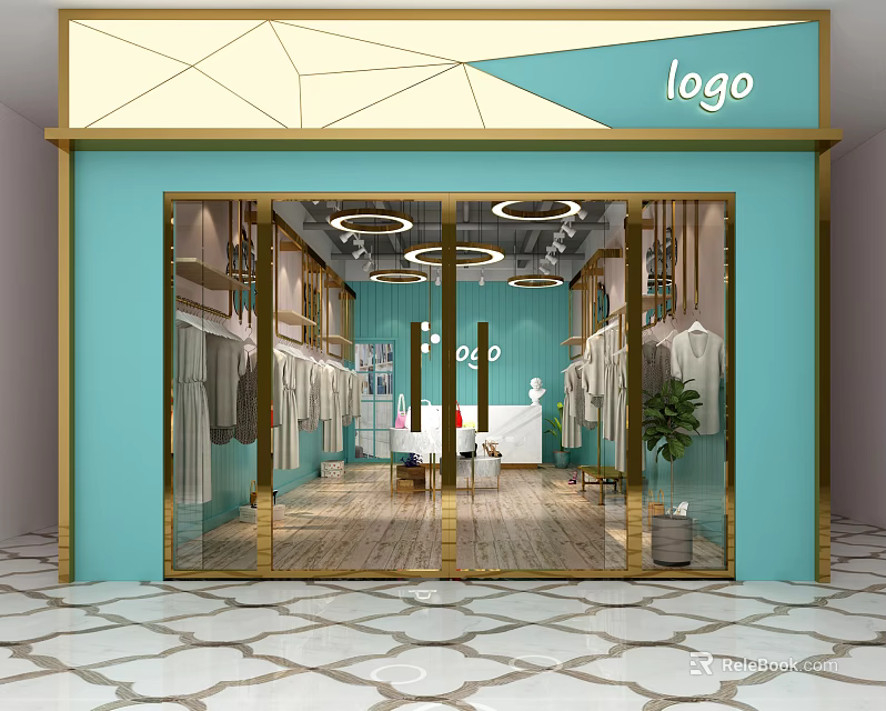 Light Blue Clothing Store Exterior With Gold Trim Glass Doors And Round Ceiling Lights 3d model 