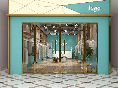 Light Blue Clothing Store Exterior With Gold Trim Glass Doors And Round Ceiling Lights 3d model