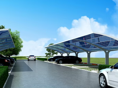 Modern Parking Lot With Solar Panel Canopies Parked Cars And Greenery 3d model