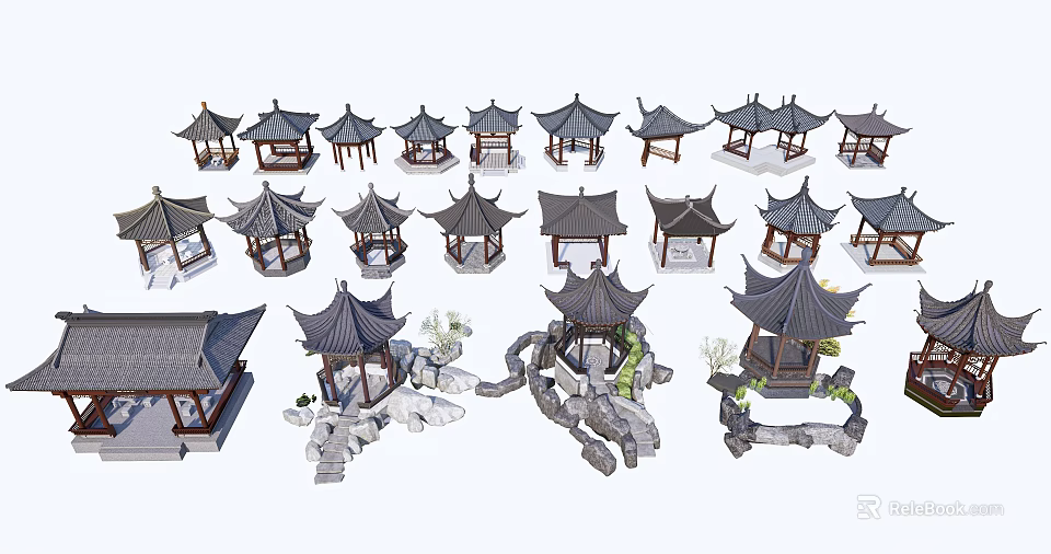 Traditional Chinese Garden Pavilions With Curved Wooden Roofs And Stone Landscape Elements 3d model 