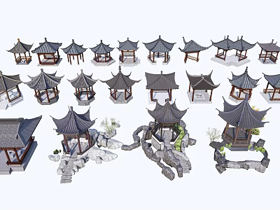 Traditional Chinese Garden Pavilions With Curved Wooden Roofs And Stone Landscape Elements 3d model