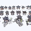 Traditional Chinese Garden Pavilions With Curved Wooden Roofs And Stone Landscape Elements