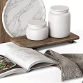 Elegant Decorative Ornament Set With Wooden Tray Marble Plate White Jars Open Book And Linen Cloth