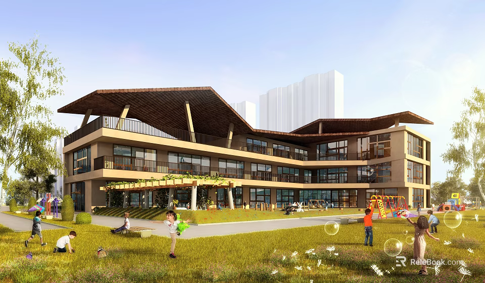 Modern School Building Featuring Sloped Roof Large Windows And Green Lawn With Children Playing 3d model 
