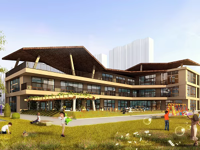Modern School Building Featuring Sloped Roof Large Windows And Green Lawn With Children Playing 3d model
