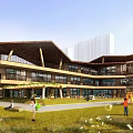 Modern School Building Featuring Sloped Roof Large Windows And Green Lawn With Children Playing