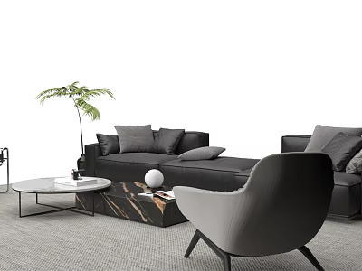 Modern Gray Sofa and Coffee Table Set With Marble Top Accent Chair and Indoor Plant 3d model
