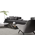 Modern Gray Sofa and Coffee Table Set With Marble Top Accent Chair and Indoor Plant