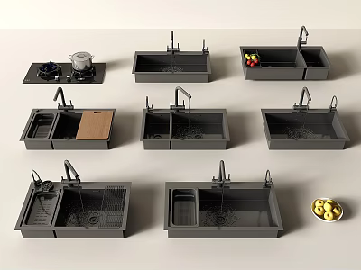Different Designs Of Modern Kitchen Sinks With Faucet Drainboard And Cutting Board 3d model