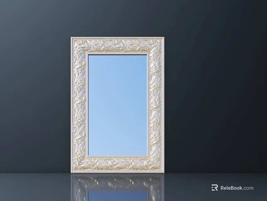 Elegant White Carved Picture Frame with Intricate Patterns on Reflective Surface Against Dark Background 3d model 