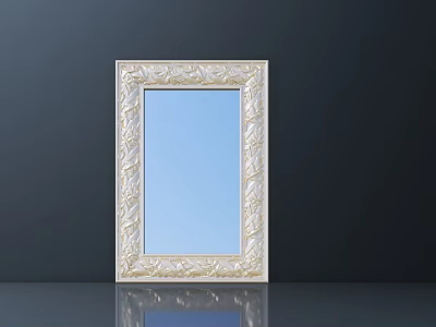 Elegant White Carved Picture Frame with Intricate Patterns on Reflective Surface Against Dark Background 3d model
