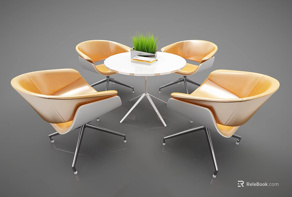 Leisure Sofa Set with Four Orange Chairs and White Round Table Topped with Green Plant 3d model 