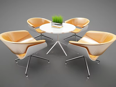 Leisure Sofa Set with Four Orange Chairs and White Round Table Topped with Green Plant 3d model