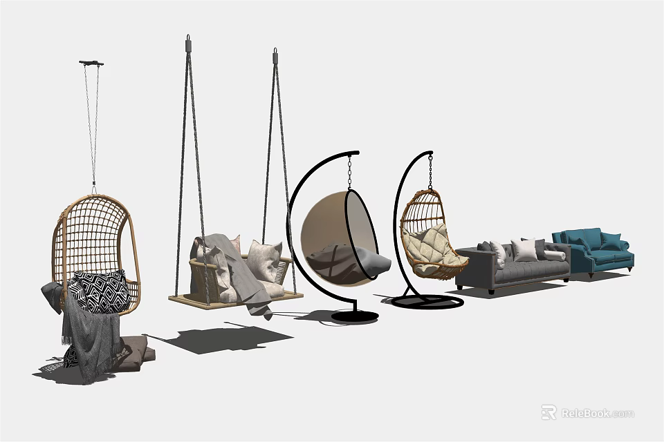 Stylish Rattan And Metal Hanging Chairs With Soft Cushions And Modern Sofa In Living Area 3d model 
