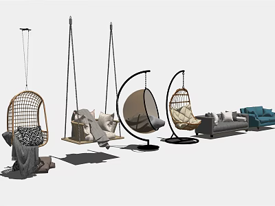 Stylish Rattan And Metal Hanging Chairs With Soft Cushions And Modern Sofa In Living Area 3d model