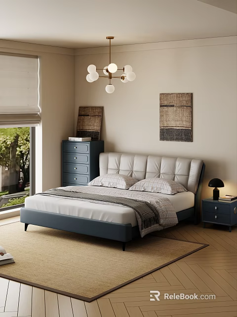 Modern Bedroom Interior With Double Bed Leather Headboard Nightstand Dresser Chandelier And Decorative Art 3d model 