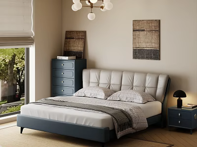 Modern Bedroom Interior With Double Bed Leather Headboard Nightstand Dresser Chandelier And Decorative Art 3d model