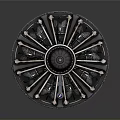Intricate Metallic Mechanical Device With Circular Central Structure And Surrounding Radial Vanes