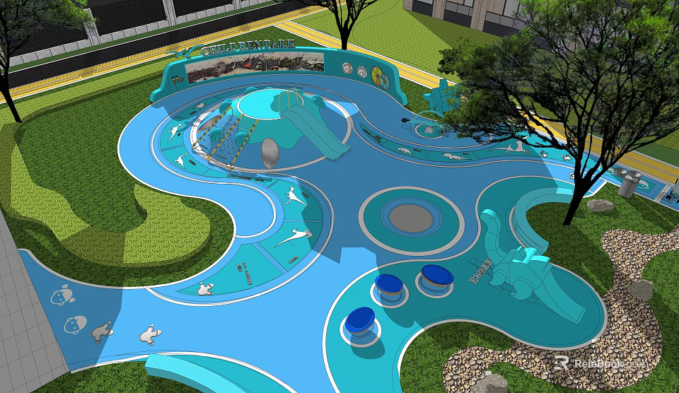 Colorful Outdoor Children's Play Area With Blue Curved Paths Slides And Green Lawn 3d model 