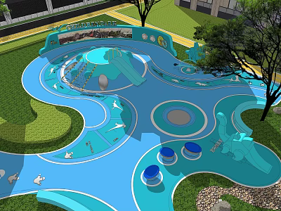 Colorful Outdoor Children's Play Area With Blue Curved Paths Slides And Green Lawn 3d model