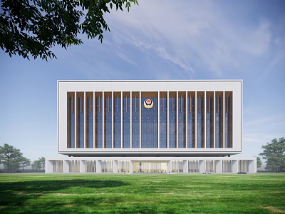 Modern Office Building With Central Badge Large Glass Windows Lawn And Green Trees 3d model