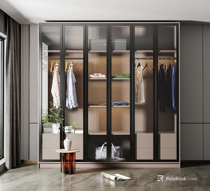 Modern Wardrobe Interior With Glass Doors Hanging Clothes And Storage Shelves 3d model 