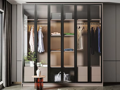 Modern Wardrobe Interior With Glass Doors Hanging Clothes And Storage Shelves 3d model