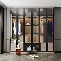 Modern Wardrobe Interior With Glass Doors Hanging Clothes And Storage Shelves