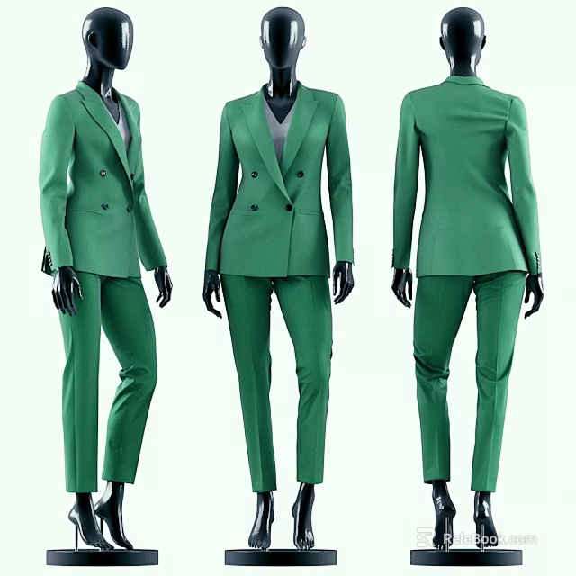 Model Wearing Green Blazer Suit With Pants In Three Angles Front Side Back 3d model 