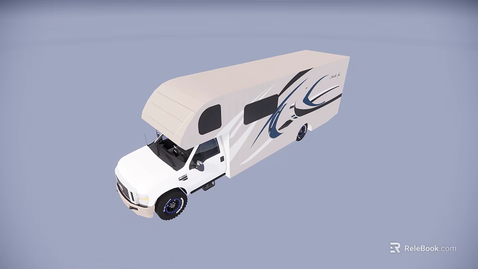 White Recreational Vehicle With Blue Decorative Stripes Smooth Roof And Side Windows 3d model 