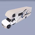 White Recreational Vehicle With Blue Decorative Stripes Smooth Roof And Side Windows