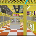 Colorful Amusement Park Arcade Featuring Claw Machines Neon Lights Yellow Decor And Checkered Floor