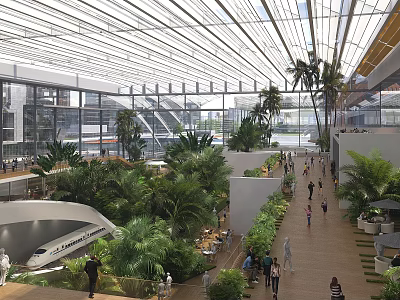 Modern Station Interior With Glass Roof Lush Plants Palm Trees Train And People Walking 3d model