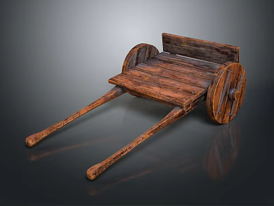 Vintage Wooden Cart With Rustic Wooden Frame Large Wheels And Long Handles 3d model