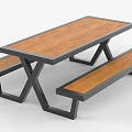 Modern Tea Table And Benches Set With Wooden Tabletop And Black Metal Frame Design