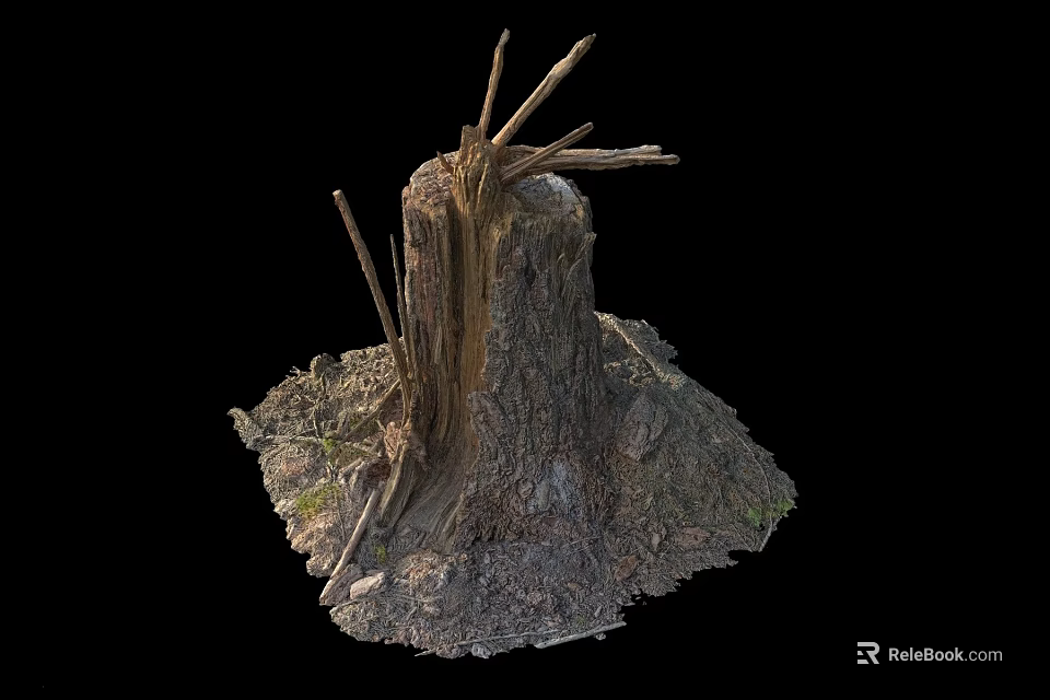 Natural Wood Stump With Rough Stone Base And Twigs In Outdoor Setting 3d model 
