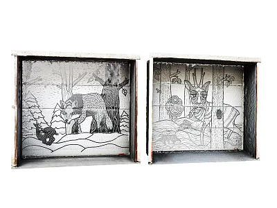 Garage Space With Hand Painted Wooden Boxes Showing Animal And Tree Artwork 3d model