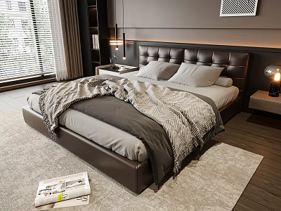 Modern Double Bed With Leather Headboard Gray Bedding Bedside Lamp And Floor Rug 3d model