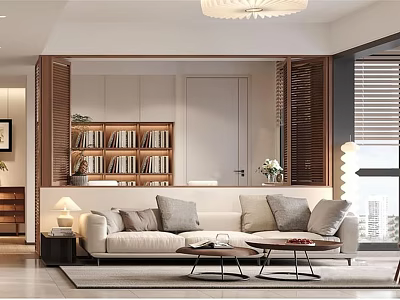 Modern Living Room Interior With Beige Sofa Multiple Cushions Wooden Bookshelf And Open Partition 3d model