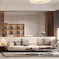 Modern Living Room Interior With Beige Sofa Multiple Cushions Wooden Bookshelf And Open Partition