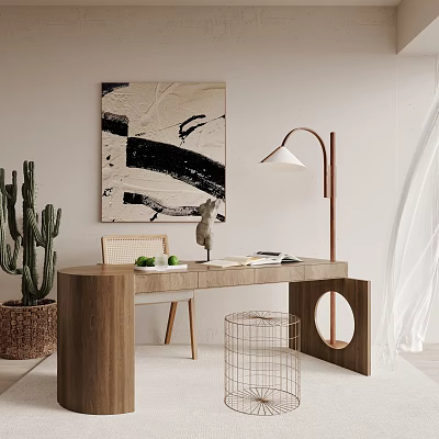 Modern Wooden Office Desk With Arched Floor Lamp Abstract Painting Cactus Plant And Wire Basket 3d model