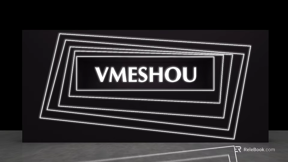 Black Background Wall With Illuminated Frames And VMESHOU Lettering Reflective Effect 3d model 
