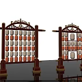 Art Installation with Red Frame Golden Decorations and Symmetric Design Featuring White Orange Circular Elements 3d model